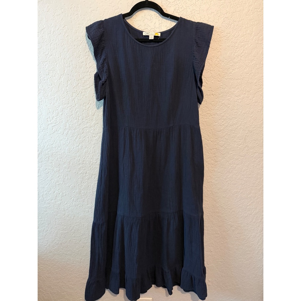 C&C California Tiered Cotton Gauze Midi Dress Large Navy Boho Coastal